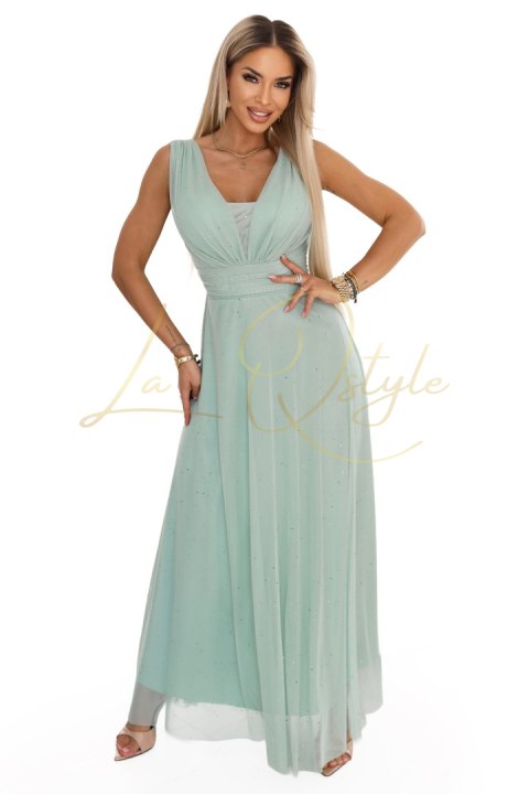 Długa sukienka maxi z brokatowym akcentem i głębokim dekoltem PISTACJOWA