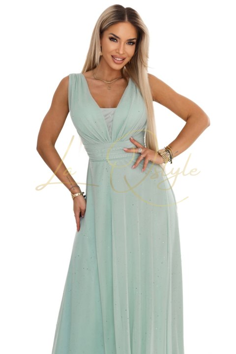 Długa sukienka maxi z brokatowym akcentem i głębokim dekoltem PISTACJOWA