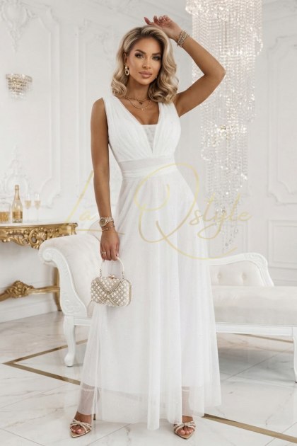 Długa sukienka maxi z brokatowym akcentem i głębokim dekoltem ECRU