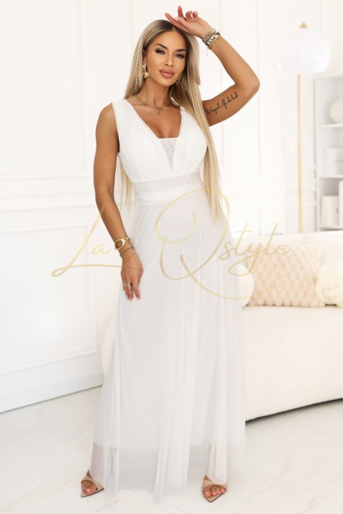 Długa sukienka maxi z brokatowym akcentem i głębokim dekoltem ECRU