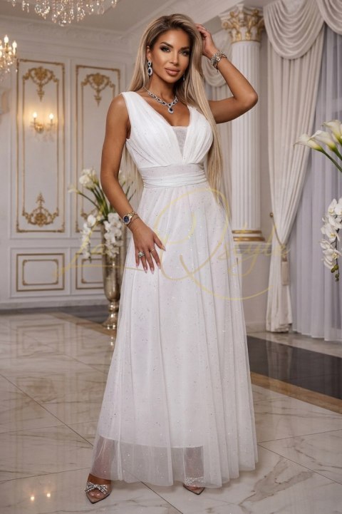 Długa sukienka maxi z brokatowym akcentem i głębokim dekoltem ECRU