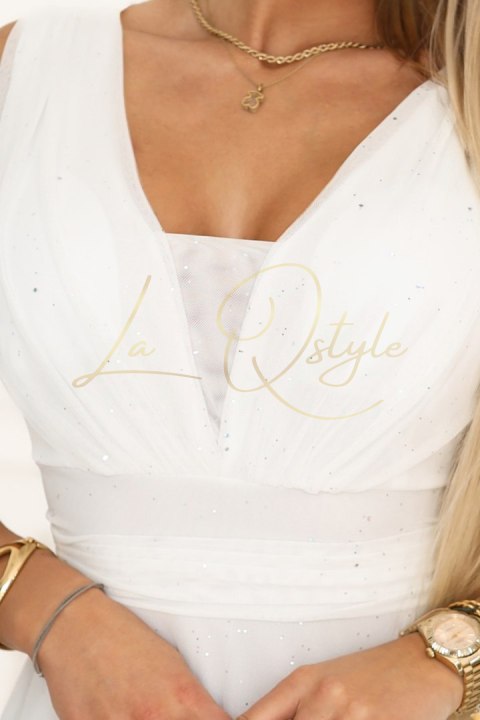 Długa sukienka maxi z brokatowym akcentem i głębokim dekoltem ECRU