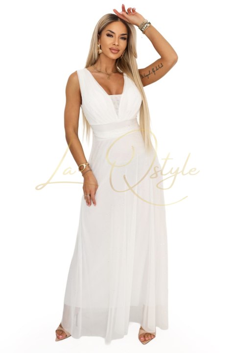 Długa sukienka maxi z brokatowym akcentem i głębokim dekoltem ECRU