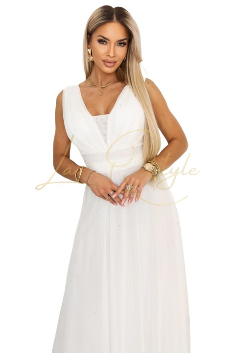 Długa sukienka maxi z brokatowym akcentem i głębokim dekoltem ECRU