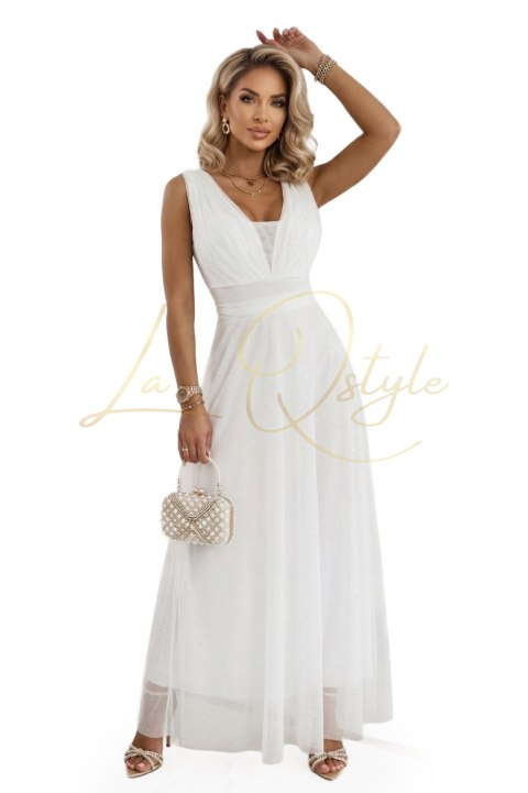 Długa sukienka maxi z brokatowym akcentem i głębokim dekoltem ECRU