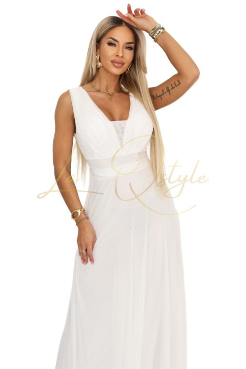 Długa sukienka maxi z brokatowym akcentem i głębokim dekoltem ECRU