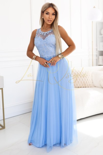 Romantyczna suknia maxi na wesele z haftowaną koronką i tiulem BŁĘKITNA