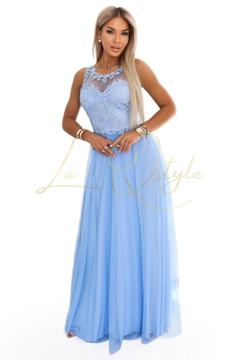 Romantyczna suknia maxi na wesele z haftowaną koronką i tiulem BŁĘKITNA