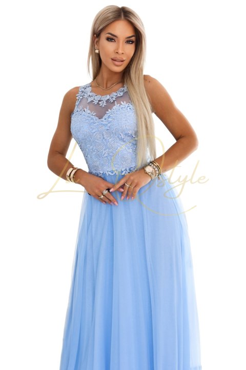 Romantyczna suknia maxi na wesele z haftowaną koronką i tiulem BŁĘKITNA