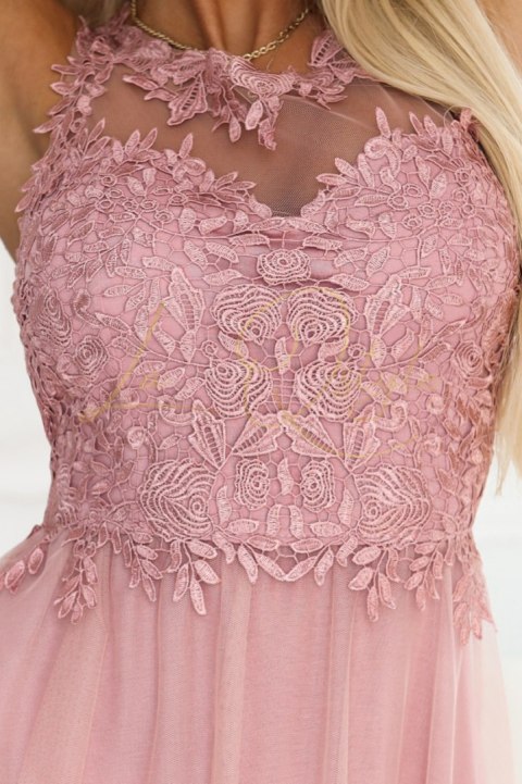 672-2 Romantyczna suknia maxi na wesele z haftowaną koronką i tiulem - pudrowy róż