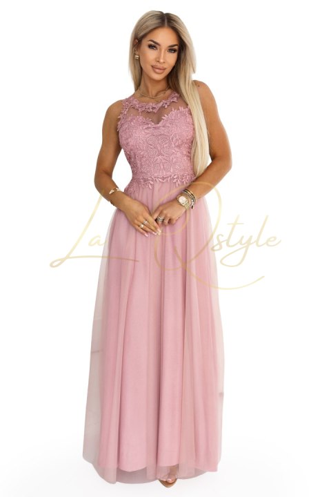 672-2 Romantyczna suknia maxi na wesele z haftowaną koronką i tiulem - pudrowy róż