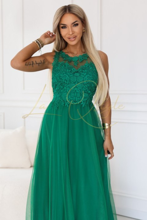 Romantyczna suknia maxi na wesele z haftowaną koronką i tiulem ZIELONA