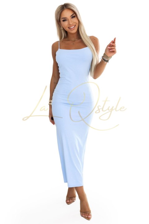 Sukienka midi na cienkich ramiączkach z subtelnym połyskiem BŁĘKITNA