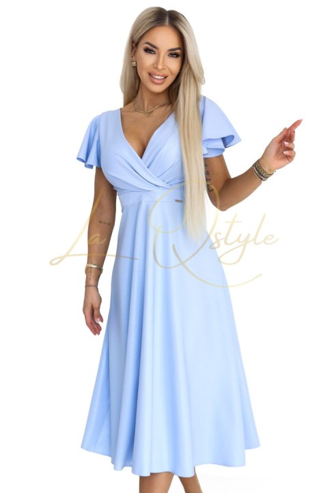 Rozkloszowana sukienka midi z kopertowym dekoltem i brokatowym połyskiem BŁĘKITNA