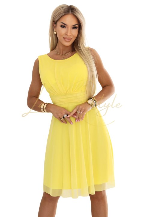 676-3 Sukienka na wesele z tiulową warstwą i podkreśloną talią - cytrynowe limoncello