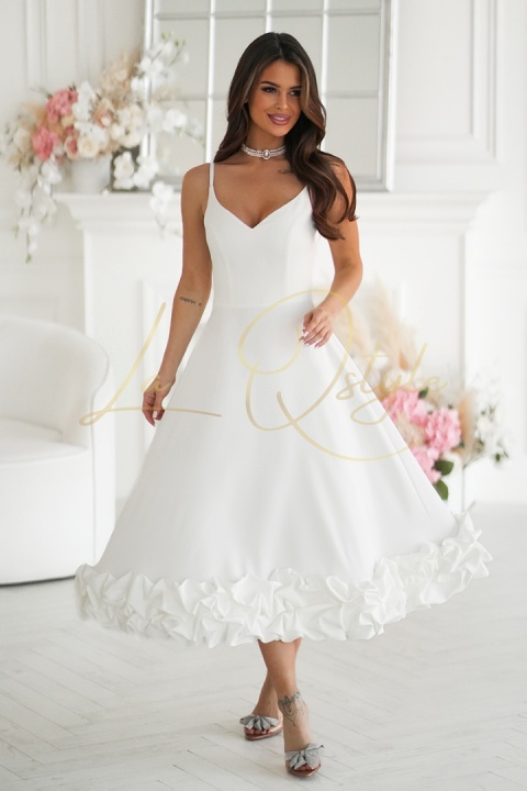 Rozkloszowana sukienka midi z falbaną ECRU