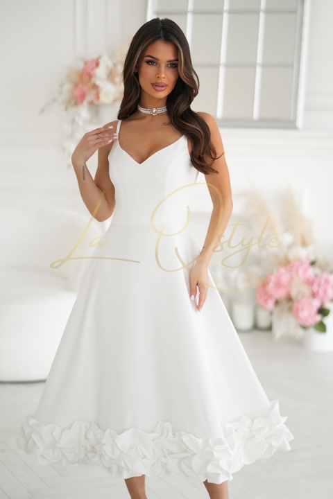 Rozkloszowana sukienka midi z falbaną ECRU