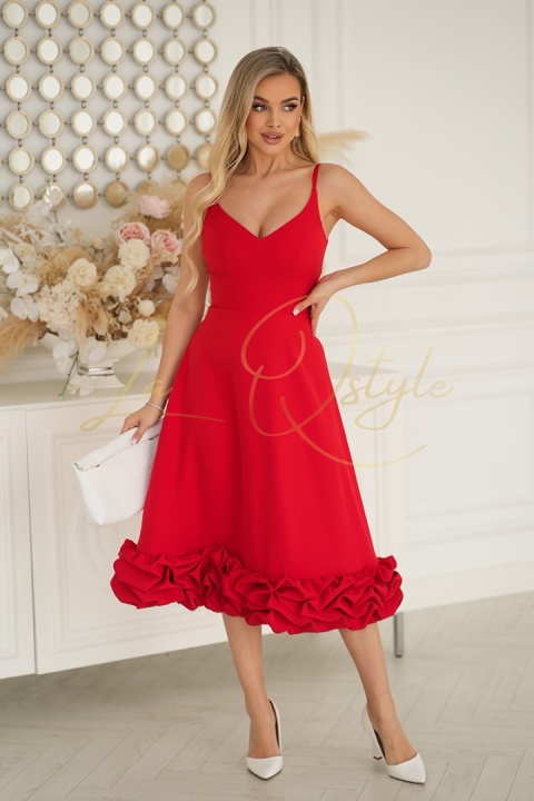 Rozkloszowana sukienka midi z falbaną CZERWONA