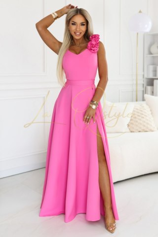 Elegancka wieczorowa suknia maxi z rozcięciem i różami CUKIERKOWY RÓŻ