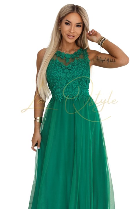 Romantyczna suknia maxi na wesele z haftowaną koronką i tiulem ZIELONA