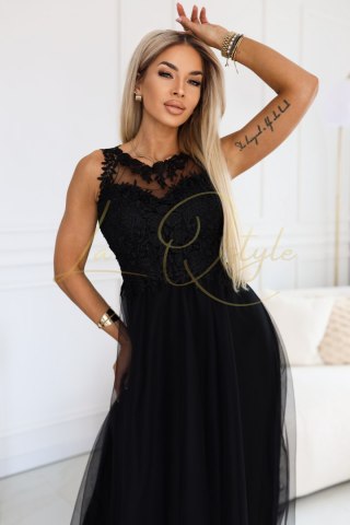 Romantyczna sukienka maxi z haftowaną koronką i tiulem CZARNA
