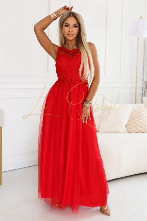 Romantyczna suknia maxi na wesele z haftowaną koronką i tiulem CZERWONA
