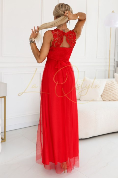 Romantyczna suknia maxi na wesele z haftowaną koronką i tiulem CZERWONA