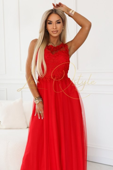 Romantyczna suknia maxi na wesele z haftowaną koronką i tiulem CZERWONA