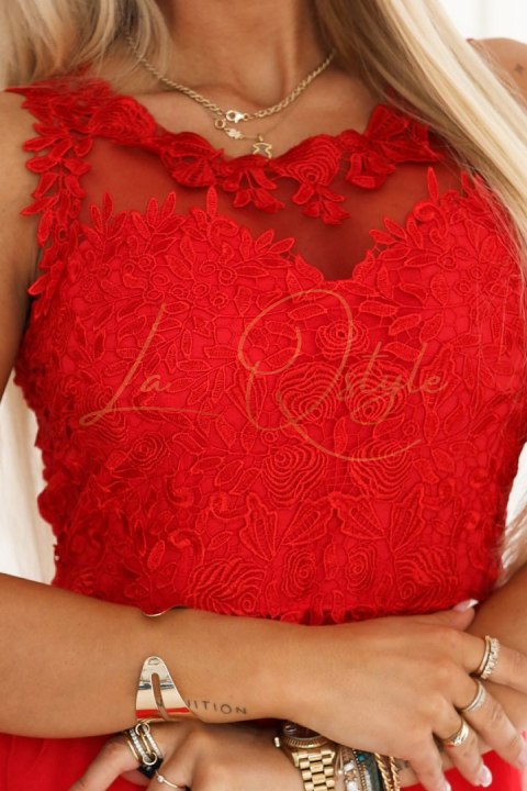 Romantyczna suknia maxi na wesele z haftowaną koronką i tiulem CZERWONA