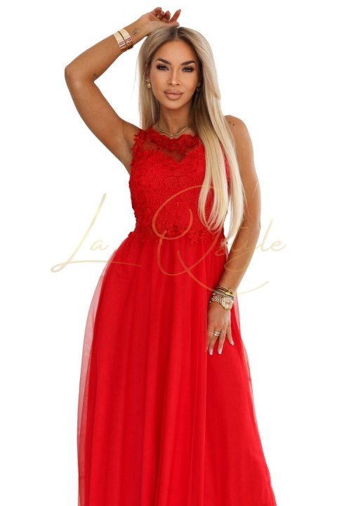 Romantyczna suknia maxi na wesele z haftowaną koronką i tiulem CZERWONA