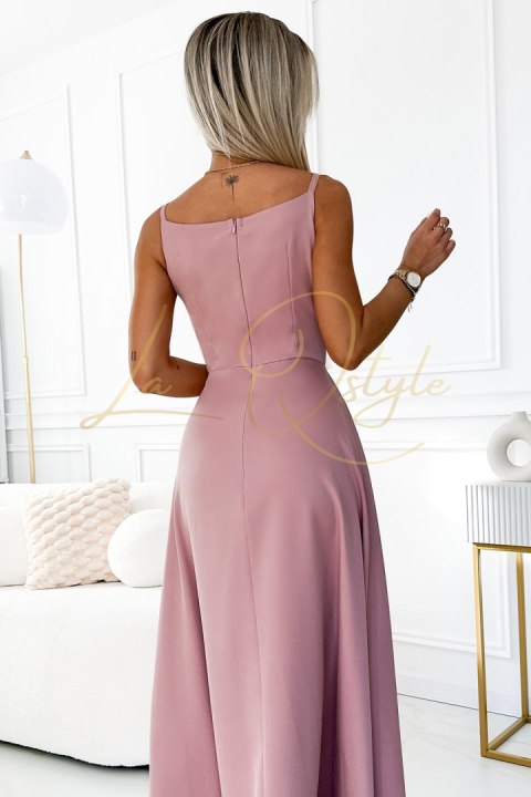 Elegancka maxi długa suknia na ramiączkach BRUDNY RÓŻ