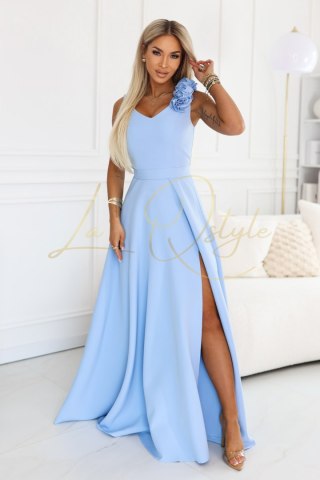Elegancka wieczorowa suknia maxi z rozcięciem i różami BŁĘKITNA
