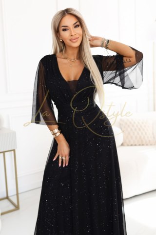 Długa połyskująca sukienka plus size z dekoltem i transparentnym rękawkiem CZARNA