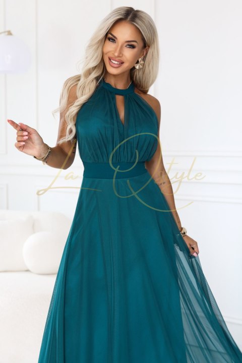 662-4 Elegancka sukienka wieczorowa maxi halter z tiulem i wiązaniem w talii - zielona