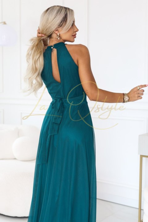 662-4 Elegancka sukienka wieczorowa maxi halter z tiulem i wiązaniem w talii - zielona