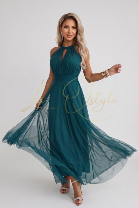 662-4 Elegancka sukienka wieczorowa maxi halter z tiulem i wiązaniem w talii - zielona