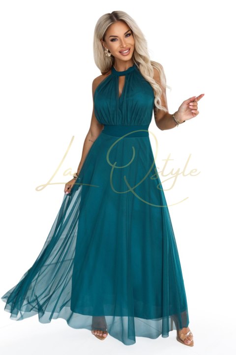 662-4 Elegancka sukienka wieczorowa maxi halter z tiulem i wiązaniem w talii - zielona