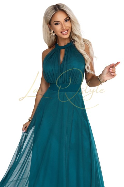 662-4 Elegancka sukienka wieczorowa maxi halter z tiulem i wiązaniem w talii - zielona
