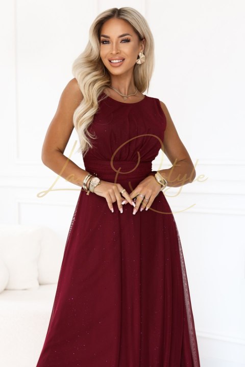 Długa sukienka maxi z brokatowym tiulem i okrągłym dekoltem BORDOWA