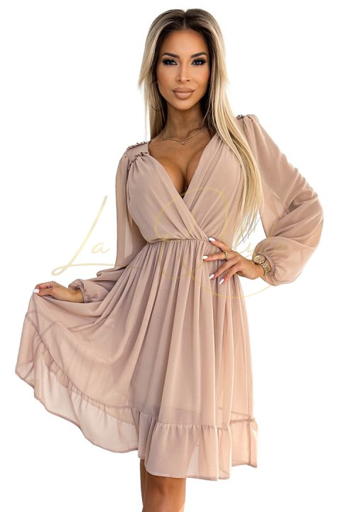 Szyfonowa sukienka midi z długim rękawkiem i dekoltem BEŻOWA