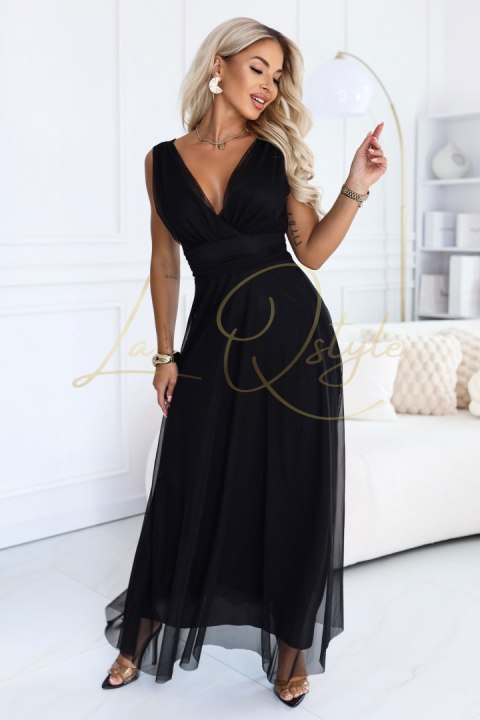 Elegancka sukienka maxi z kopertowym dekoltem i odkrytymi plecami CZARNA