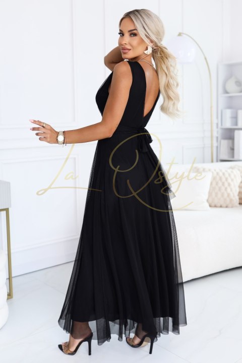 Elegancka sukienka maxi z kopertowym dekoltem i odkrytymi plecami CZARNA