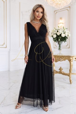 Elegancka sukienka maxi z kopertowym dekoltem i odkrytymi plecami CZARNA