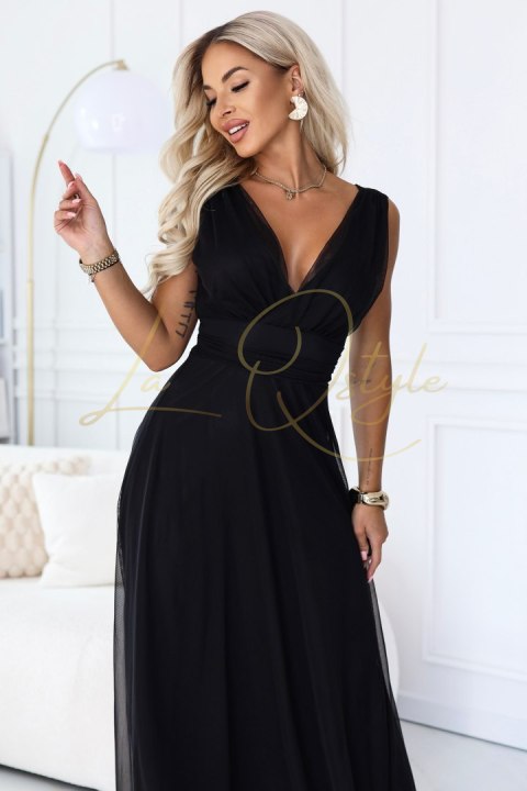 Elegancka sukienka maxi z kopertowym dekoltem i odkrytymi plecami CZARNA