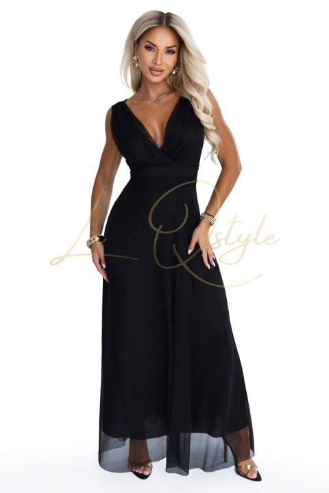 Elegancka sukienka maxi z kopertowym dekoltem i odkrytymi plecami CZARNA