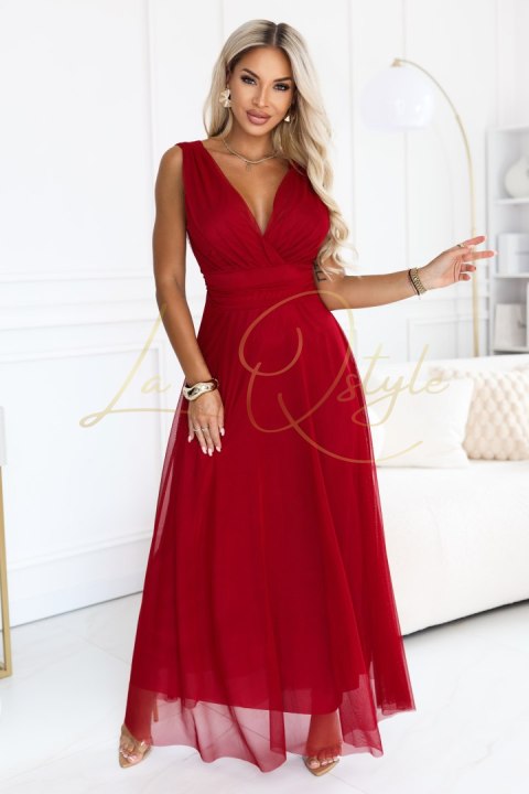 Elegancka sukienka maxi z kopertowym dekoltem i odkrytymi plecami JASNE BORDO