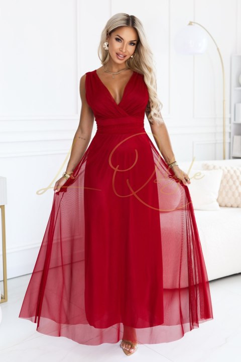 Elegancka sukienka maxi z kopertowym dekoltem i odkrytymi plecami JASNE BORDO
