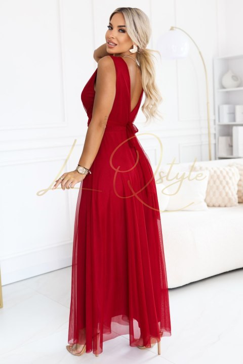 Elegancka sukienka maxi z kopertowym dekoltem i odkrytymi plecami JASNE BORDO
