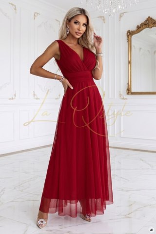 Elegancka sukienka maxi z kopertowym dekoltem i odkrytymi plecami JASNE BORDO