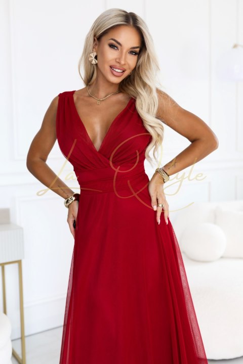 Elegancka sukienka maxi z kopertowym dekoltem i odkrytymi plecami JASNE BORDO